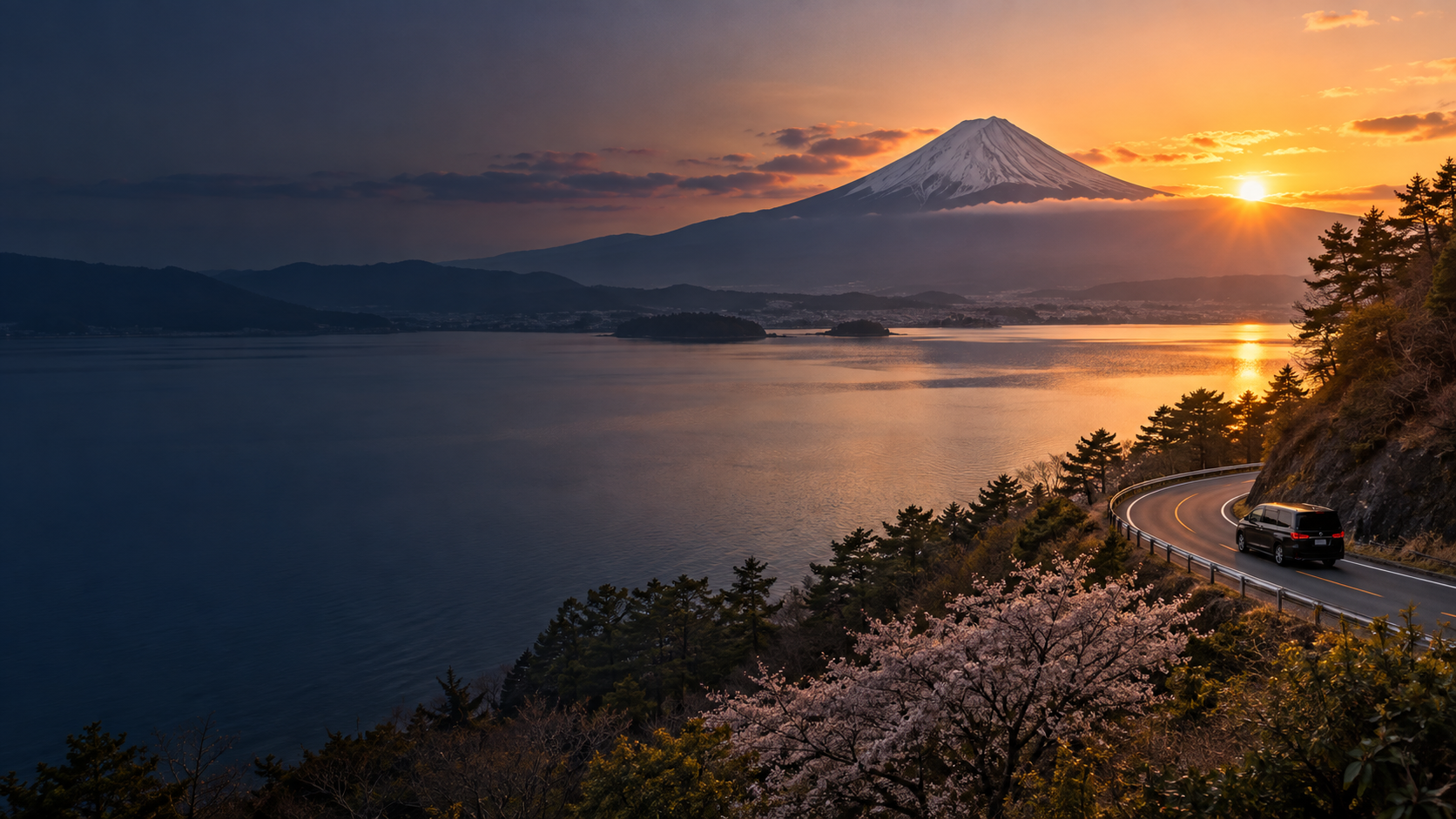 富士山と湖を望む日本の旅行風景